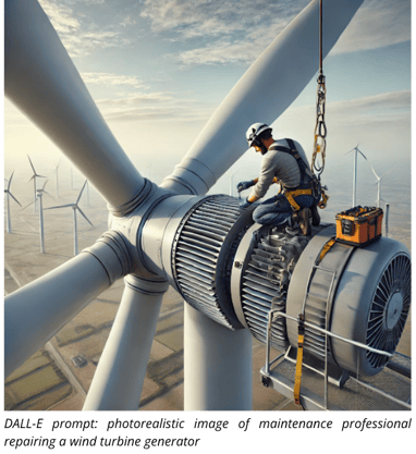 DALL-E prompt photorealistic image of maintenance professional repairing a wind turbine generator